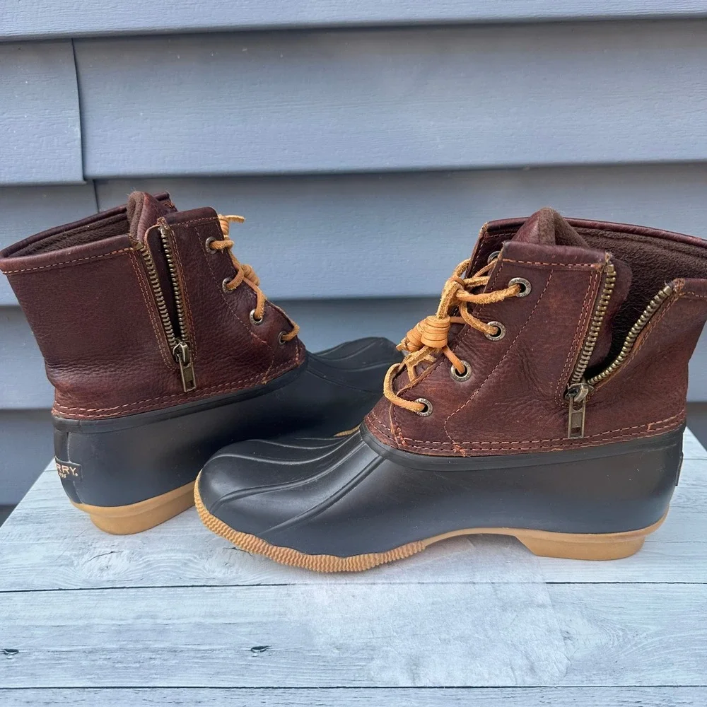 Sperry Women's Saltwater Duck Boots Brown Leather Black Waterproof Size 7